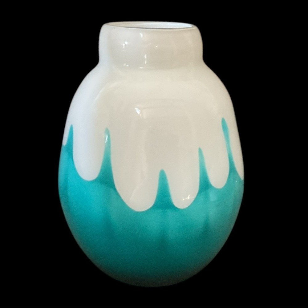Vintage Turquoise White Cased Art Glass Vase Drip Overlay Snowcap Studio Art Gla